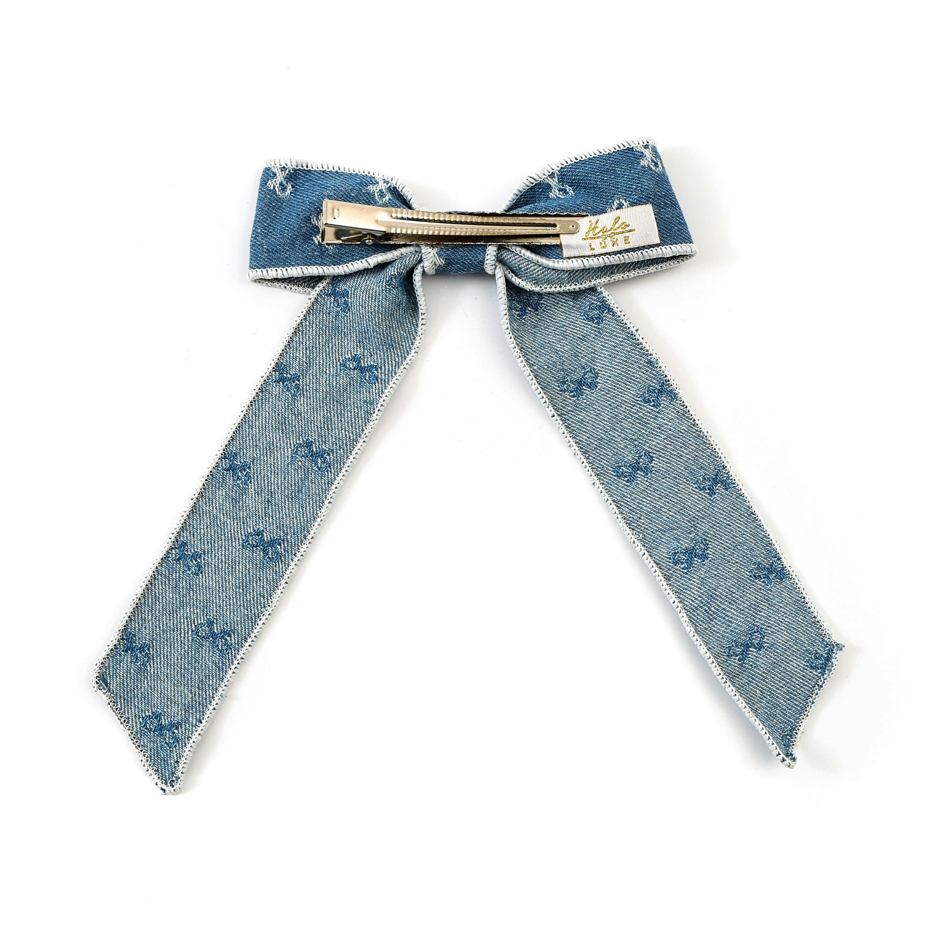 Halo Luxe Rae Signature Bow Printed Bow Hair Clip - Light Jean Wash