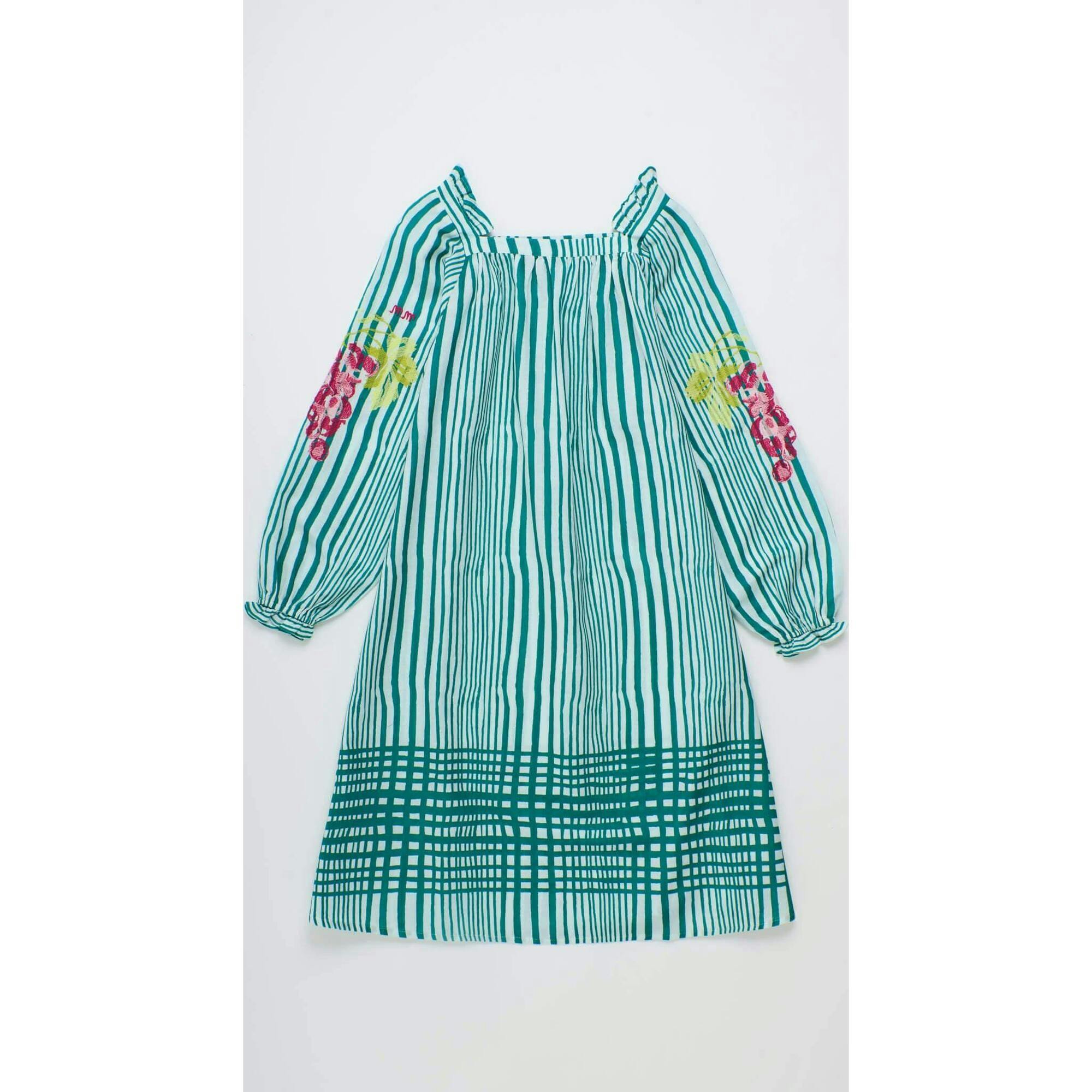 UVAS STRIPED DRESS WITH PUFFY SLEEVES GREEN