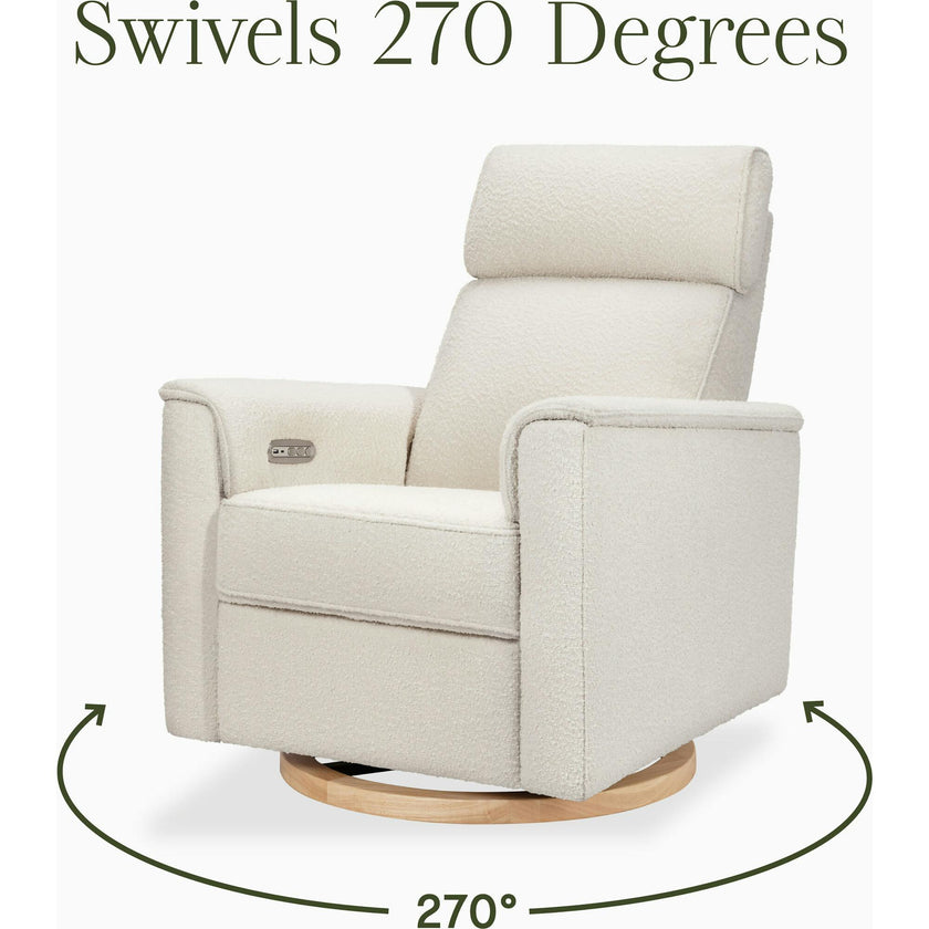 Willa Plus Power Glider Recliner W/ Power Headrest In Ivory Boucle With Light Wood Base