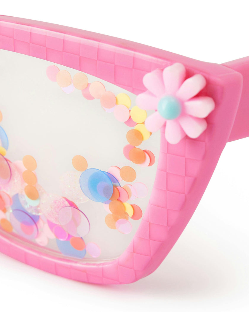 Packed Party Vitamin Me Confetti Novelty Sunglasses - Pink Checkered Frames with 3D Silicone Flowers and Multicolor Confetti Lenses, 2x6 Inch, One Size