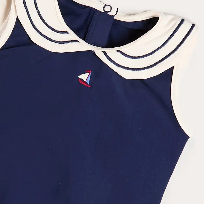 Mariner Collar Embroidered Boat Motif Swimsuit in Navy (12mths-10yrs)