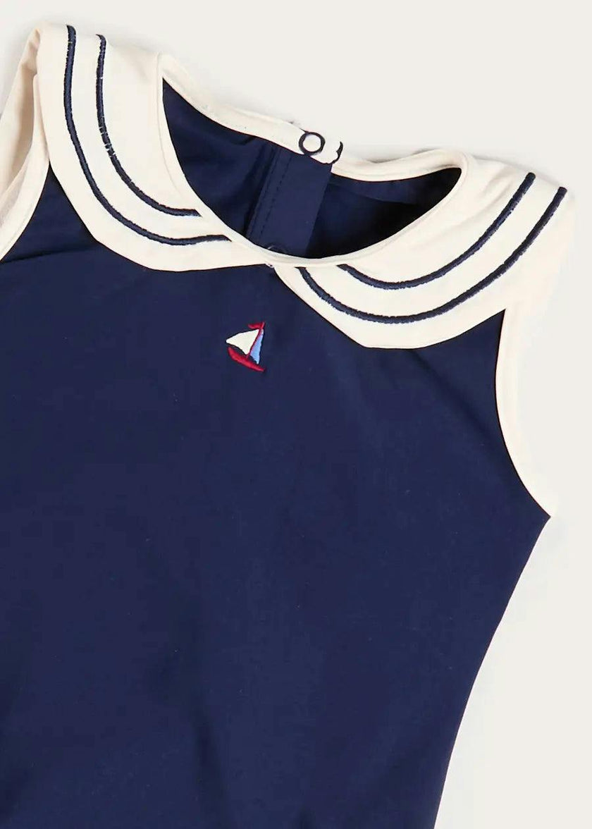 Mariner Collar Embroidered Boat Motif Swimsuit in Navy (12mths-10yrs)