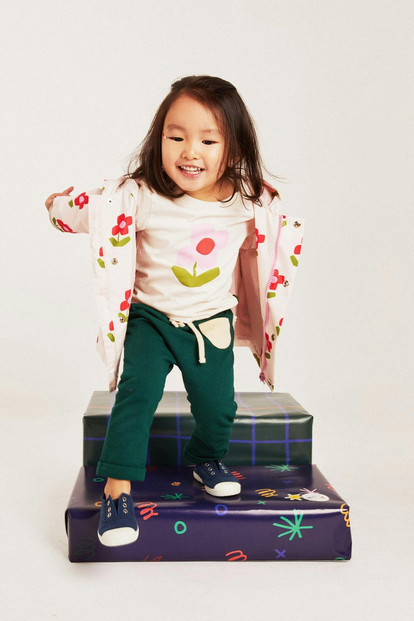 Baby Flower Print Ribbed Cuff Hooded Zipper Raincoat