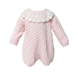 Baby Girl Basketweave Knit Romper with Lace Collar Pink