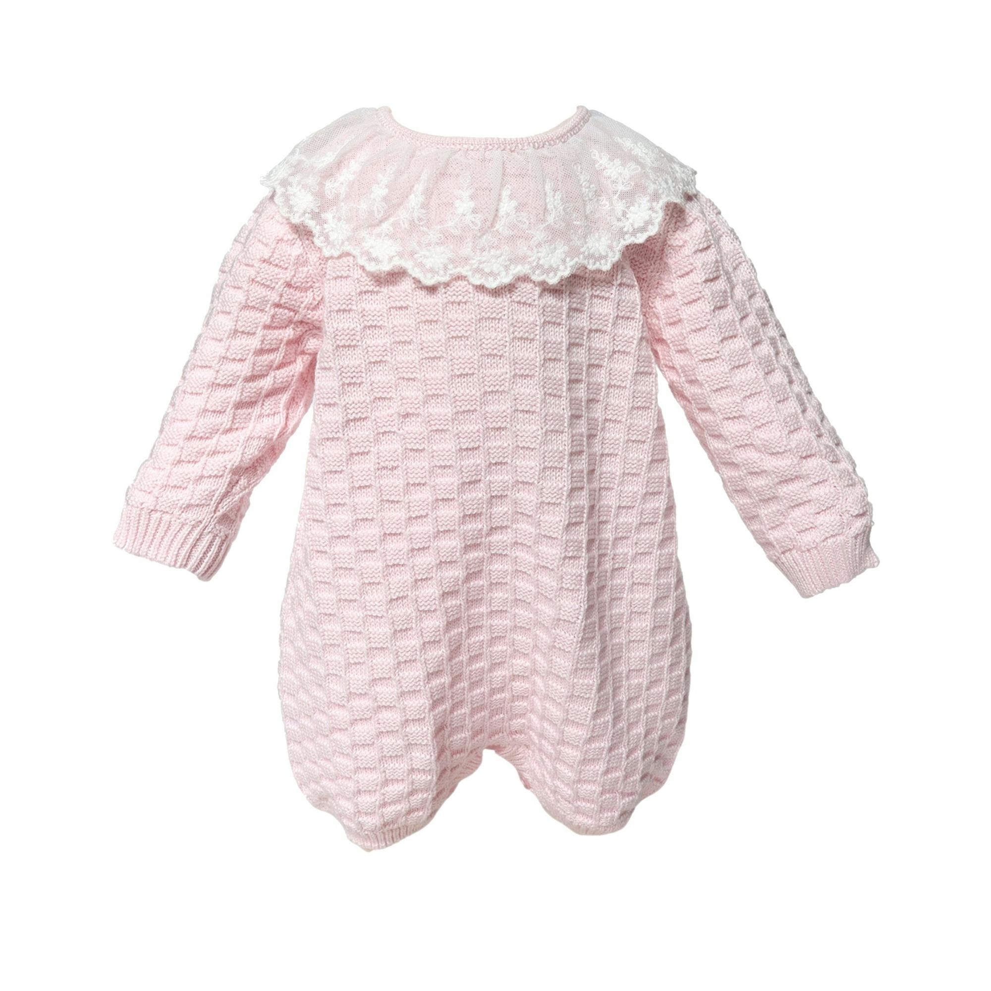Baby Girl Basketweave Knit Romper with Lace Collar Pink