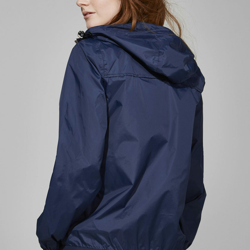Navy full zip packable rain jacket and windbreaker