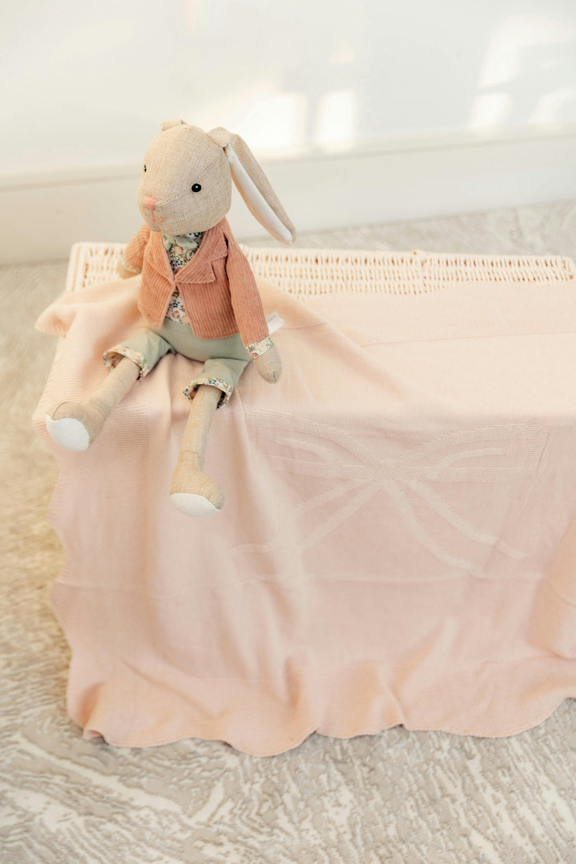 Bow Print Pointelle-Knit Scalloped-Edge Blanket