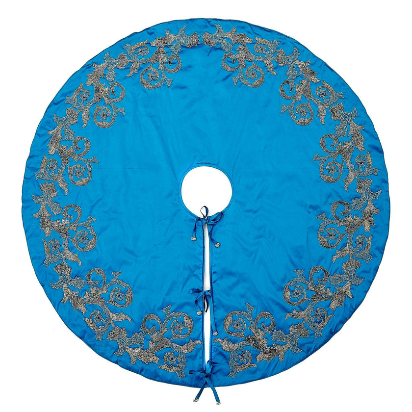 Hand Beaded Imperial Blue Silk Christmas Tree Skirt Blue 60" / 72"