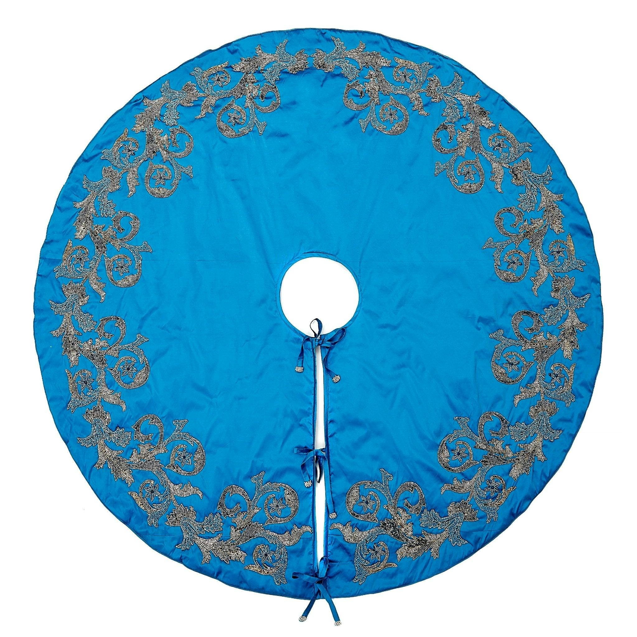 Hand Beaded Imperial Blue Silk Christmas Tree Skirt Blue 60
