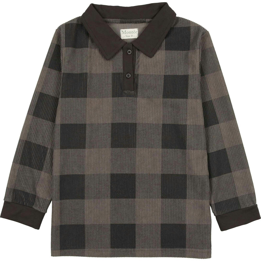 Corduroy Plaid Panel Long Sleeve Polo Shirt