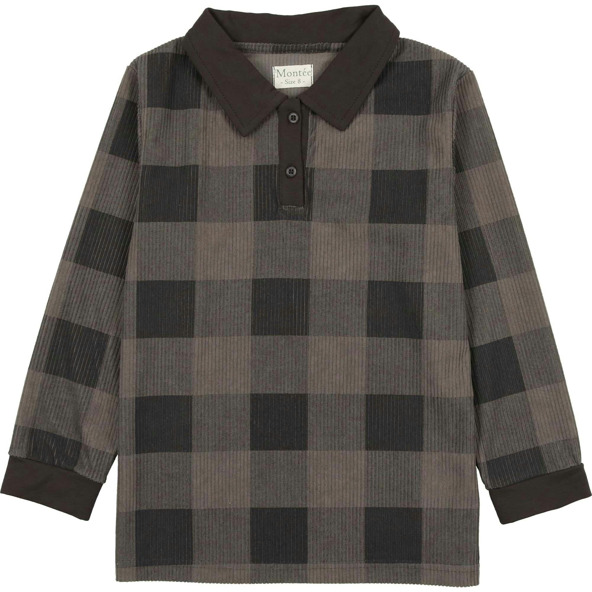 Corduroy Plaid Panel Long Sleeve Polo Shirt