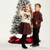 Girls Holiday Sweater Dress | Plaid Bow