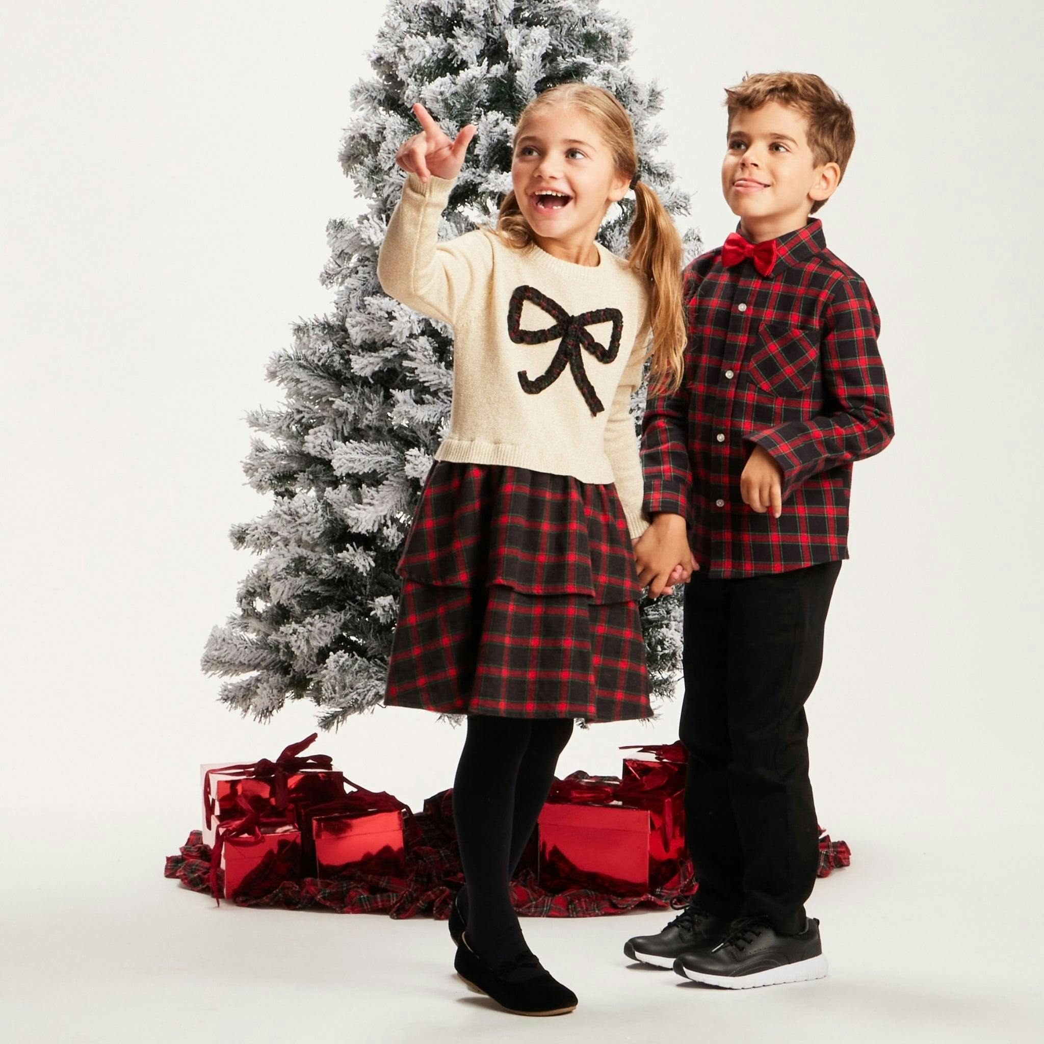 Girls Holiday Sweater Dress | Plaid Bow