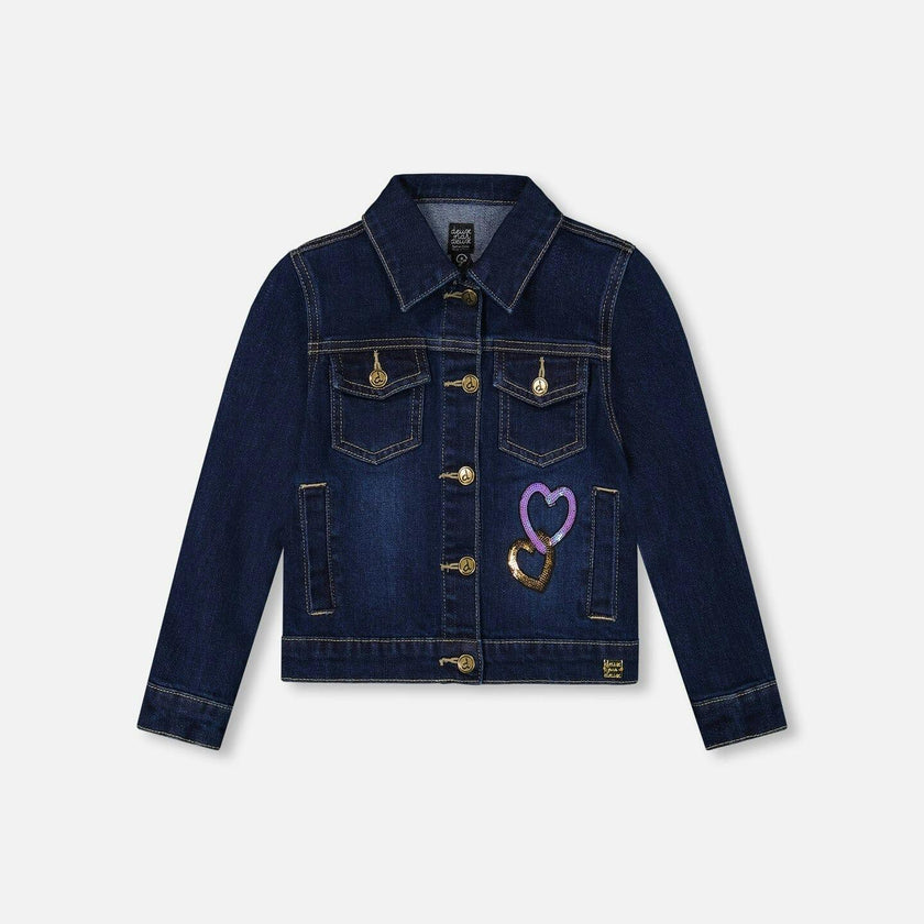 Stretch Denim Jacket Dark Blue with Glittery Hearts and