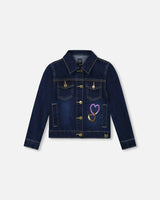 Stretch Denim Jacket Dark Blue with Glittery Hearts and