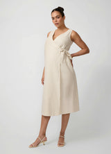 Striped Linen Wrap Maternity Midi Dress