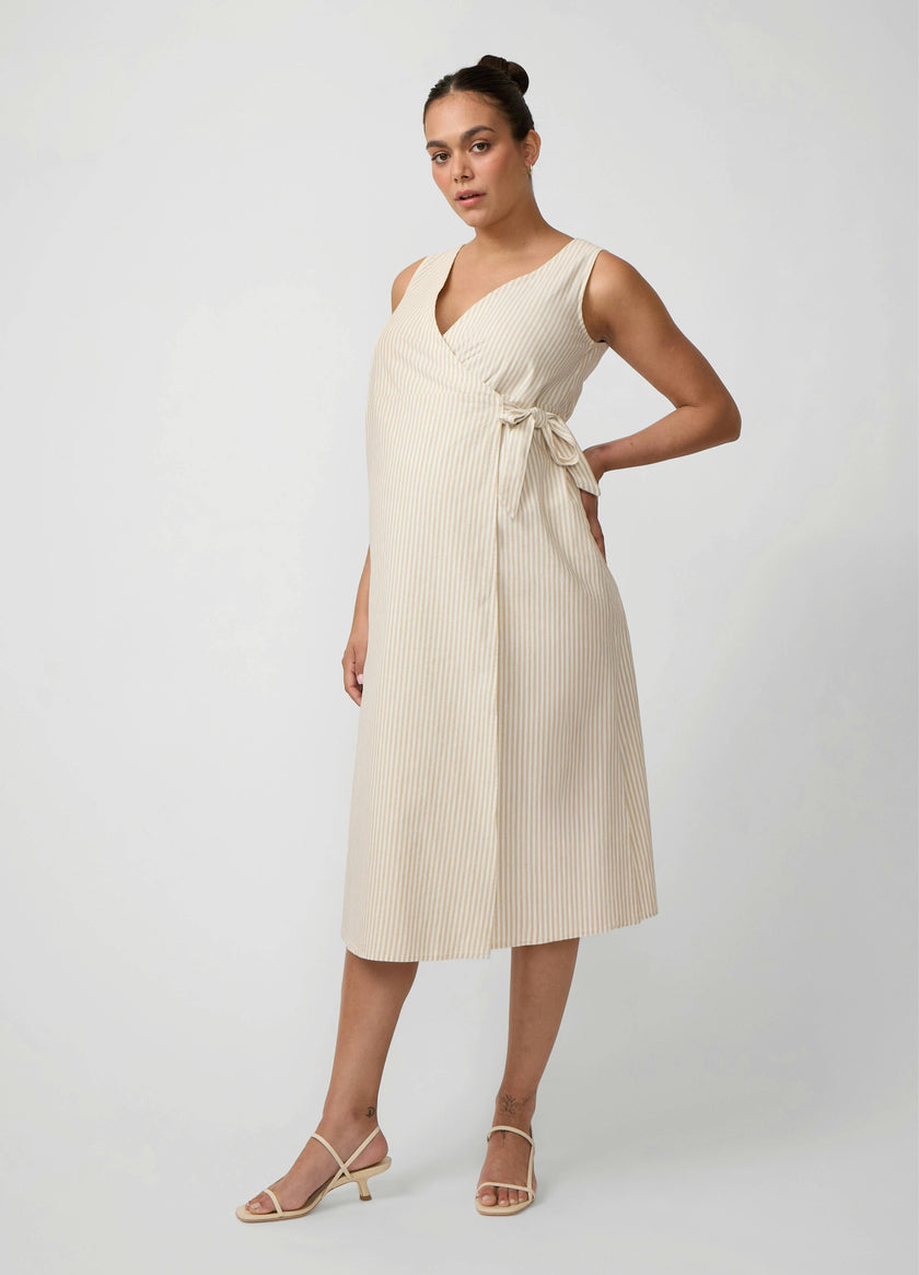 Striped Linen Wrap Maternity Midi Dress