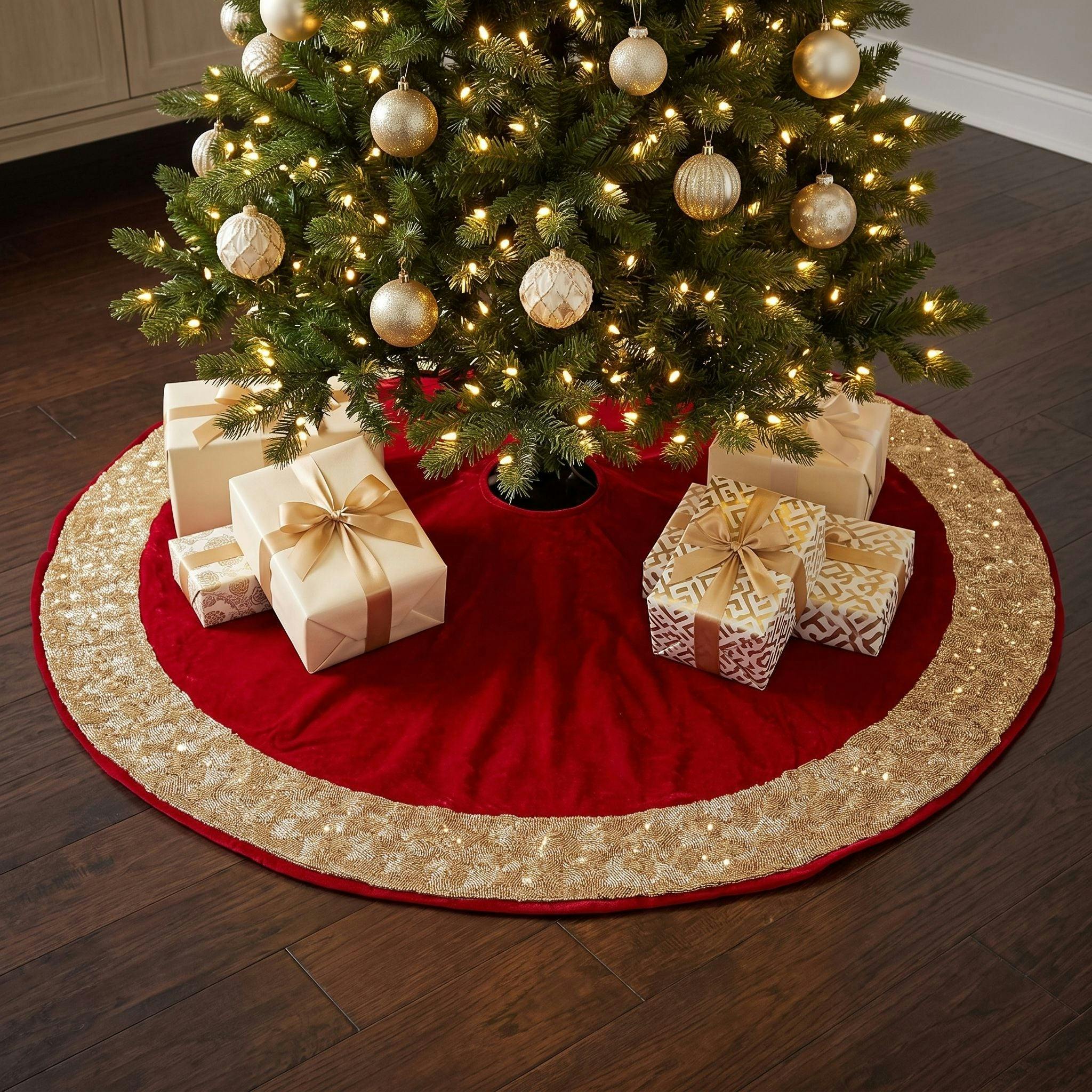 Red Velvet Christmas Tree Skirt Hand Beaded Gold Border - 60