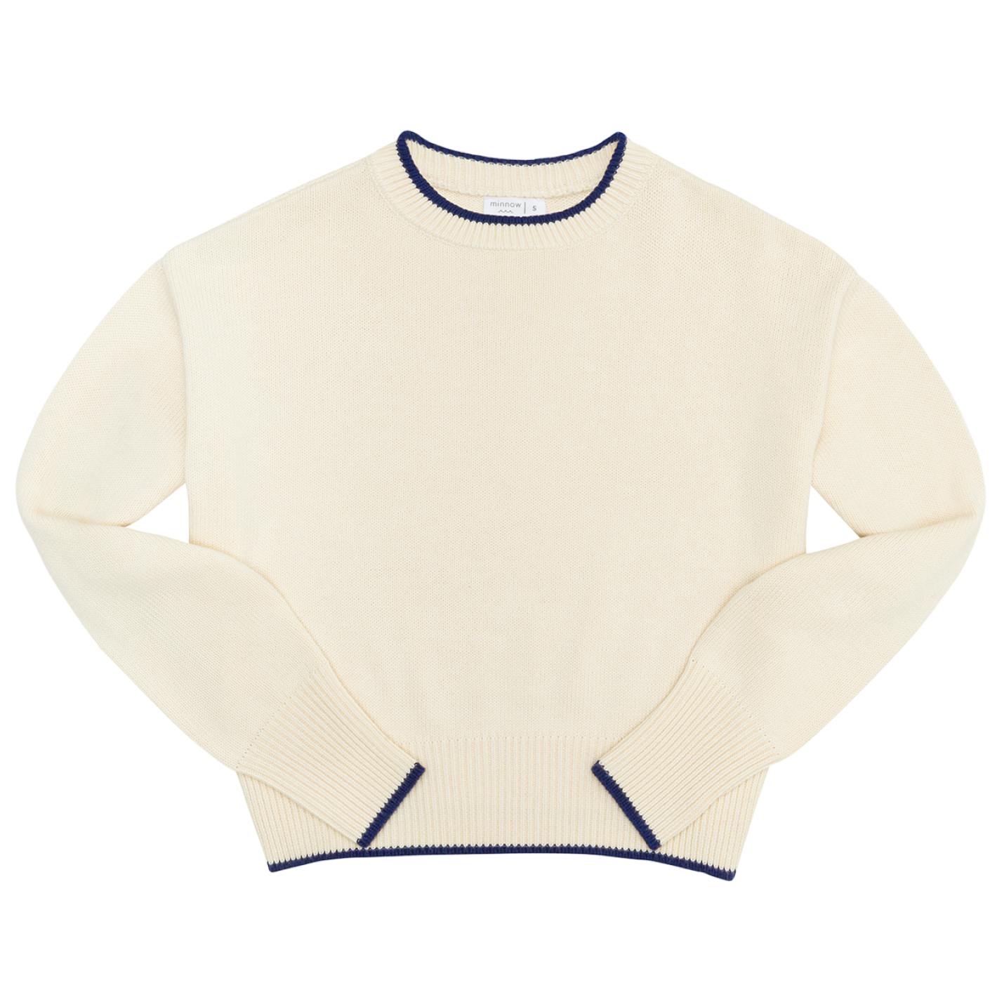 Women's Cropped Cream Sweater With Navy Trim