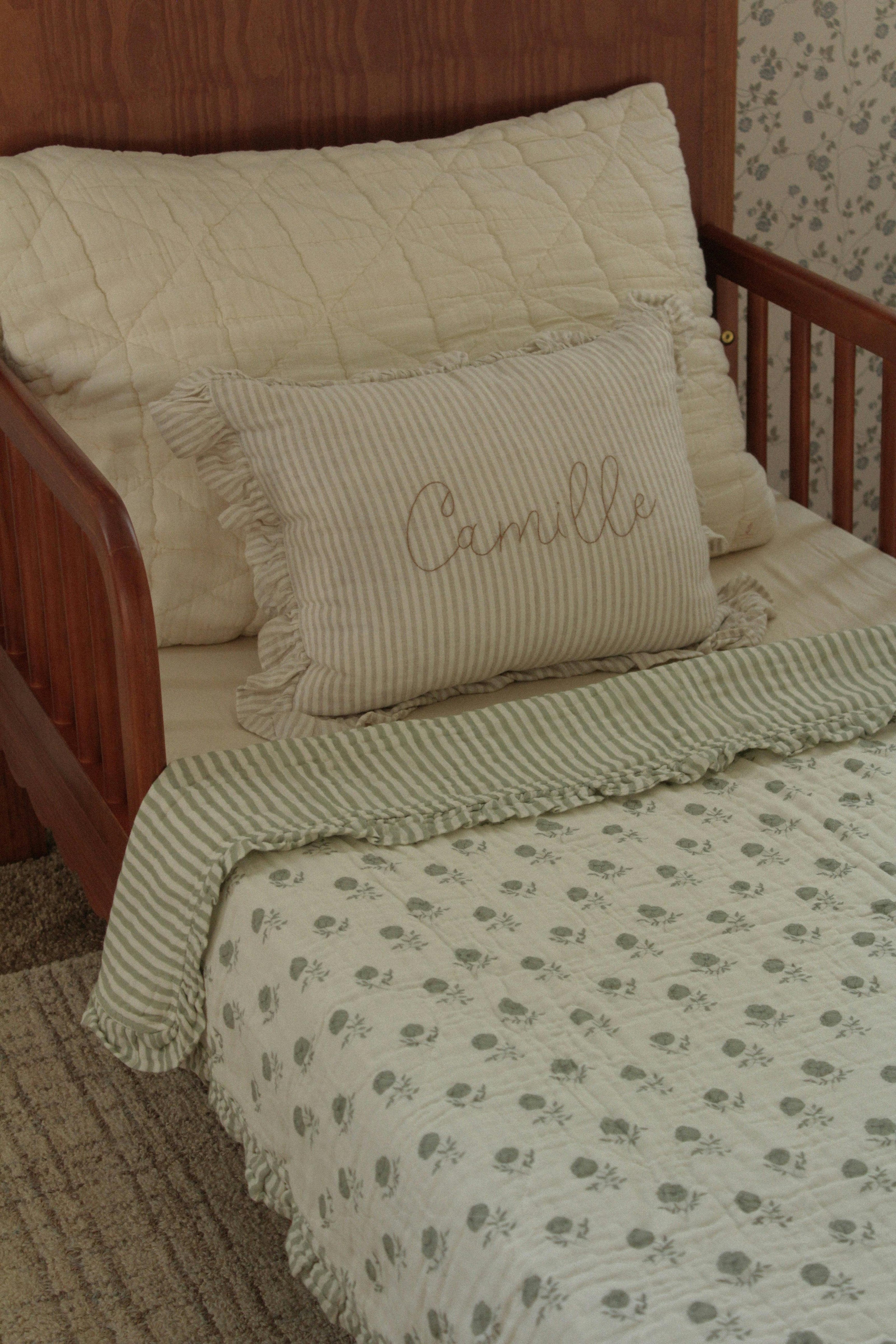 Elle Green Floral Ruffle Quilt 6 Layer Gauze Blanket