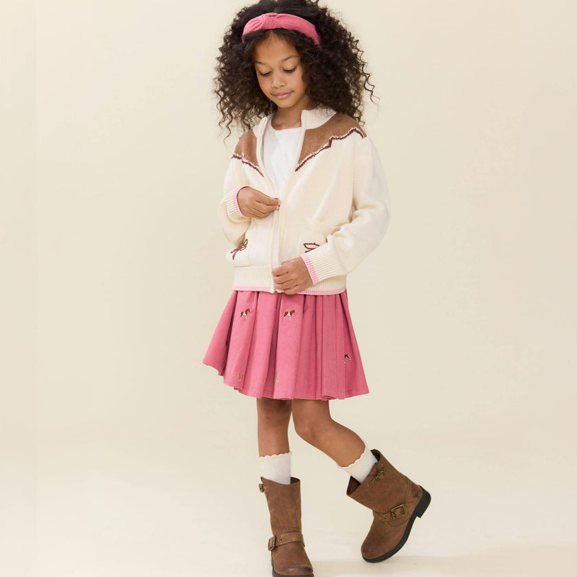 Girls Western Zip Sweater - Cream and Brown