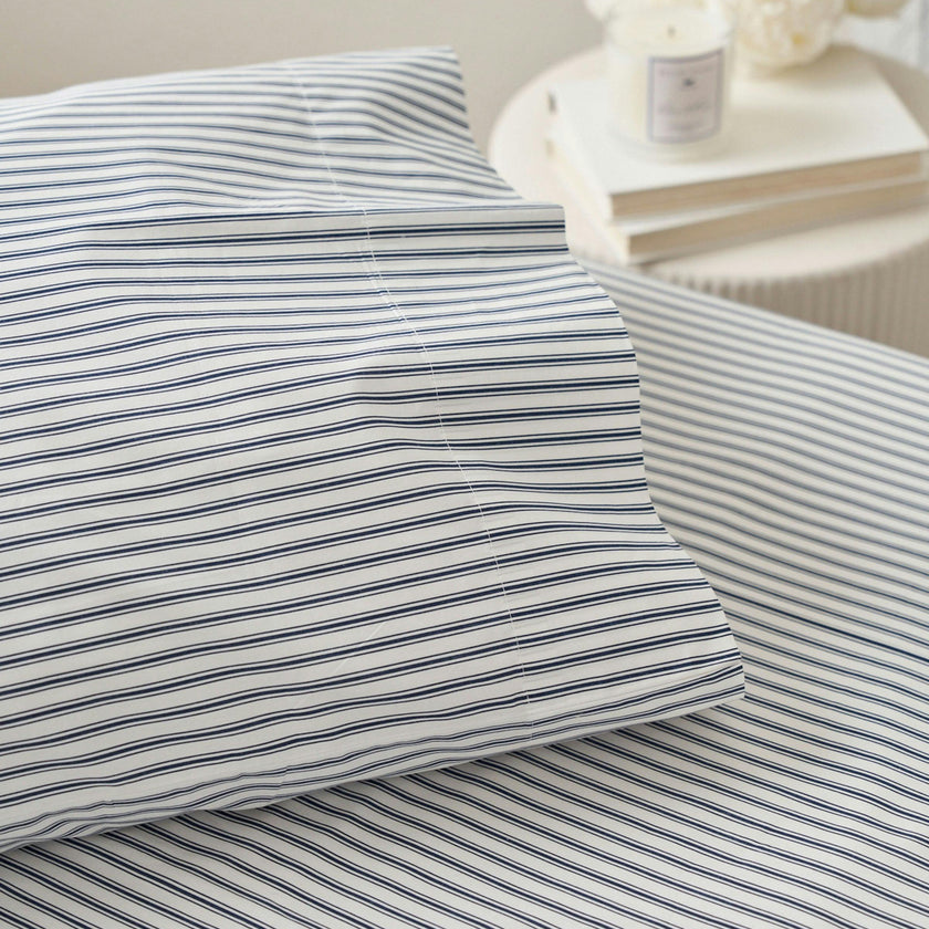 Luxe Premium Cotton Navy French Ticking Bed Sheets