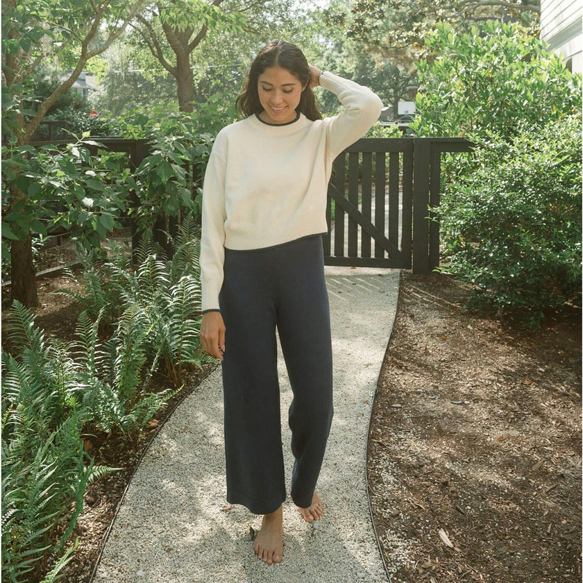 Women's Cropped Cream Sweater With Navy Trim