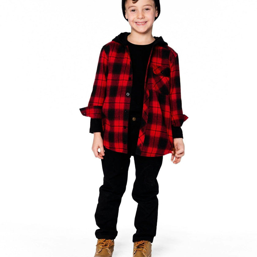 Plaid Flannel Shirt with Hoodie Red and Black