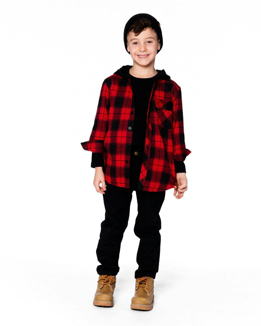Plaid Flannel Shirt with Hoodie Red and Black