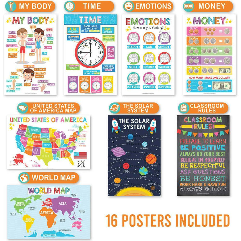 16-Piece Laminated Colorful Prek & Kindergarten Posters & 8-Piece Calming Corner Posters