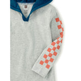 Checker Sleeves Happy Hoodie, Med Heather Grey