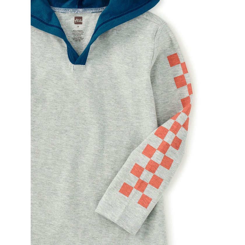 Checker Sleeves Happy Hoodie, Med Heather Grey