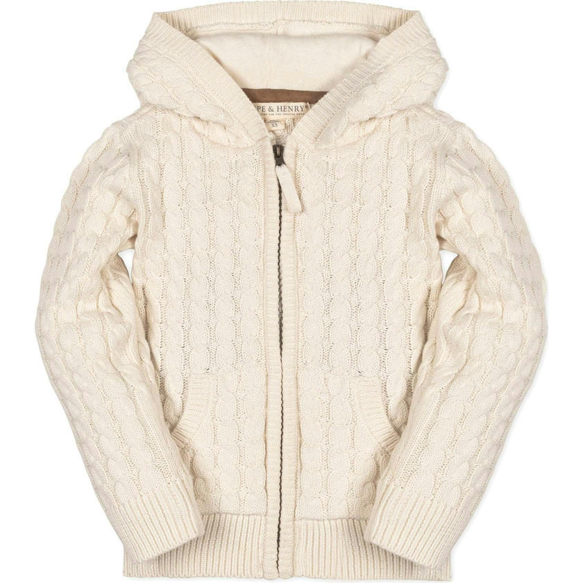 Organic Long Sleeve Full Zip Hooded Sweater with Elbow Patches, White