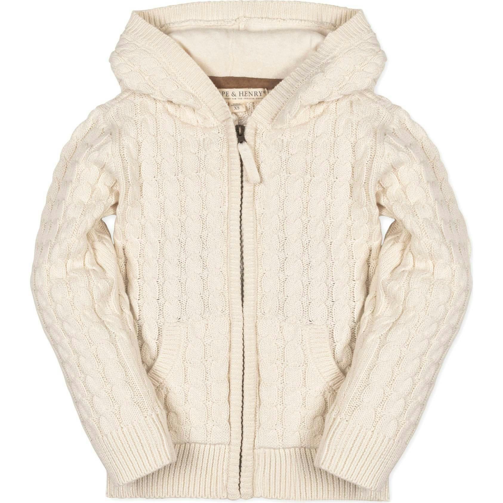 Organic Long Sleeve Full Zip Hooded Sweater with Elbow Patches, White