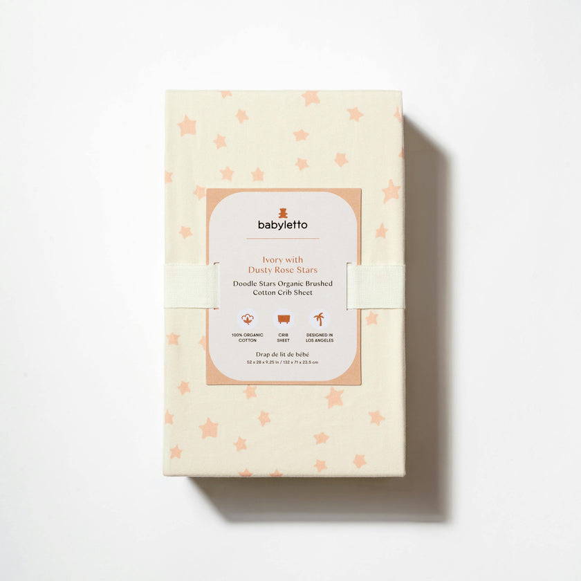 Crib Sheet in GOTS Certified Organic Brushed Cotton in Ivory with Dusty Rose Stars