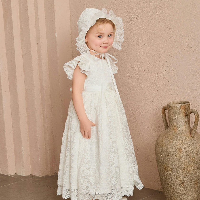 White Velloria Lace Christening Dress with Bonnet