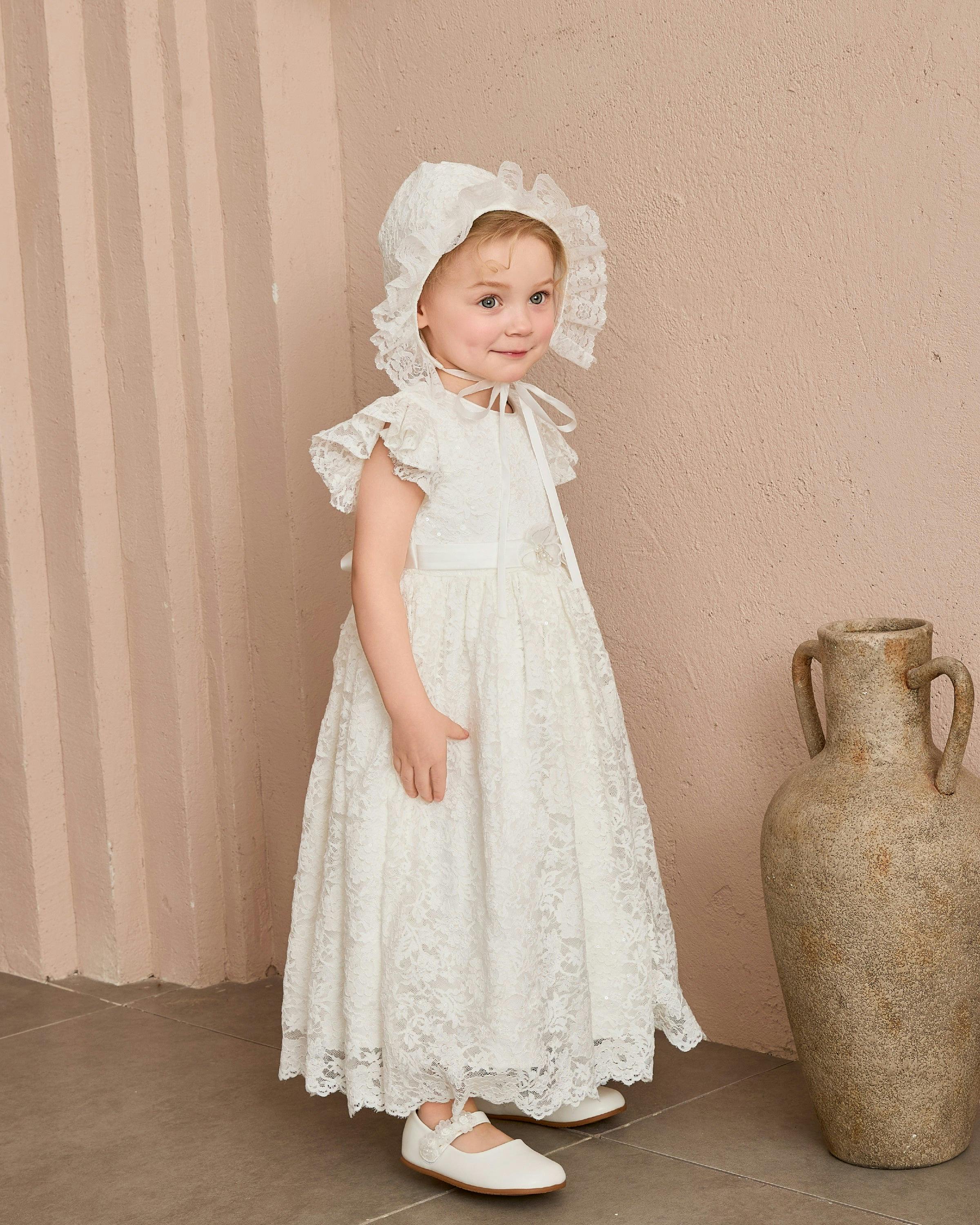 White Velloria Lace Christening Dress with Bonnet
