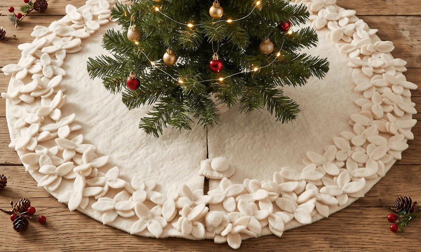 Handmade Felt Mini Christmas Tree Skirt - Cream Overlapping Flowers - 26"