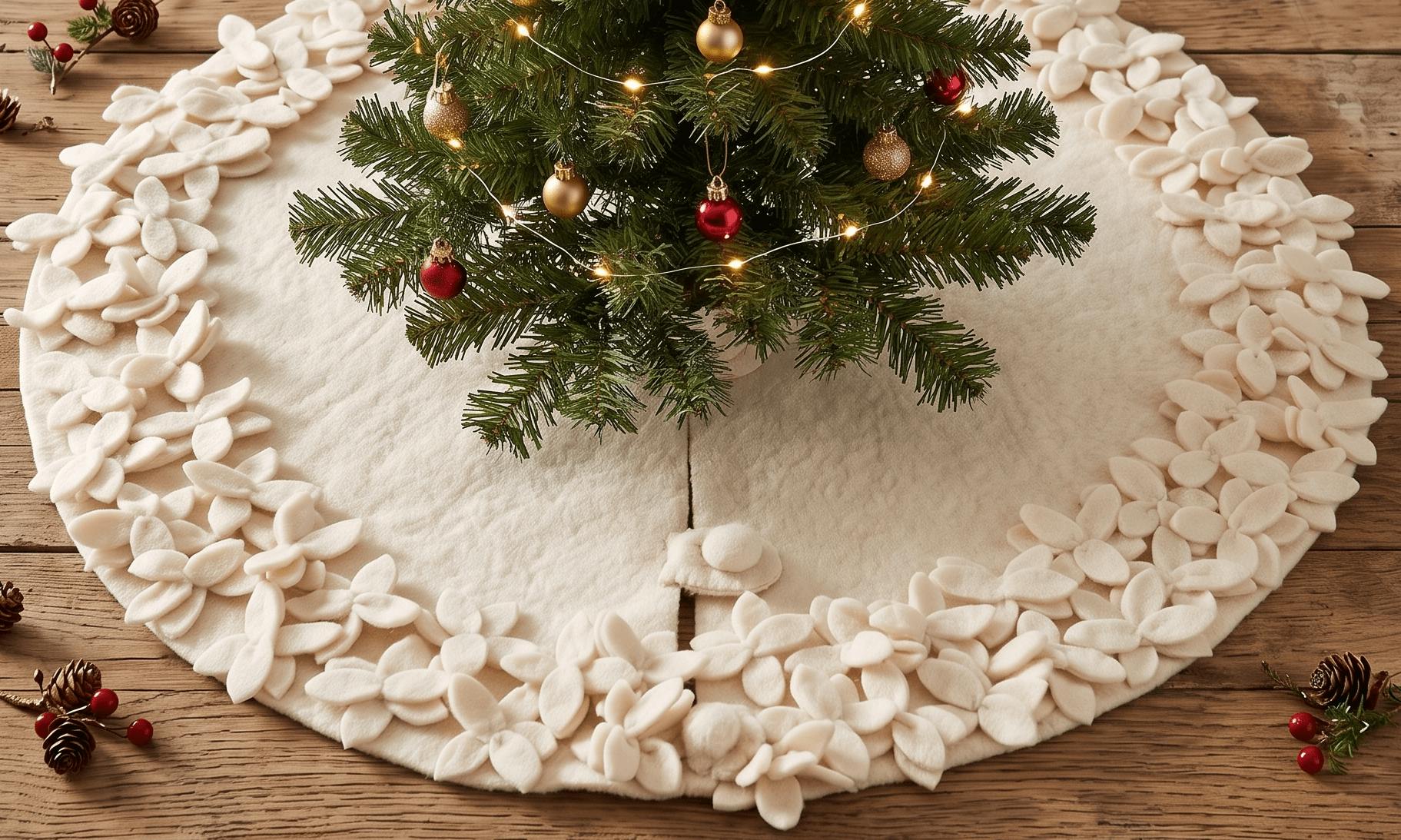 Handmade Felt Mini Christmas Tree Skirt - Cream Overlapping Flowers - 26