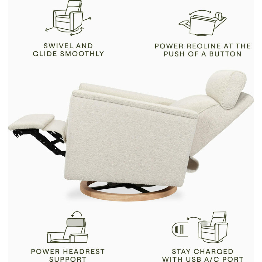 Willa Plus Power Glider Recliner W/ Power Headrest In Ivory Boucle With Light Wood Base