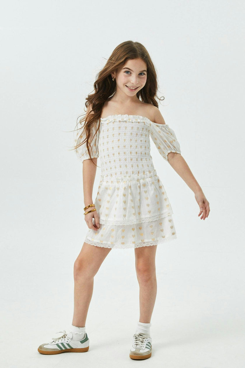 Lexi White Heart Lurex Smocked Short Sleeve Ruffle Dress