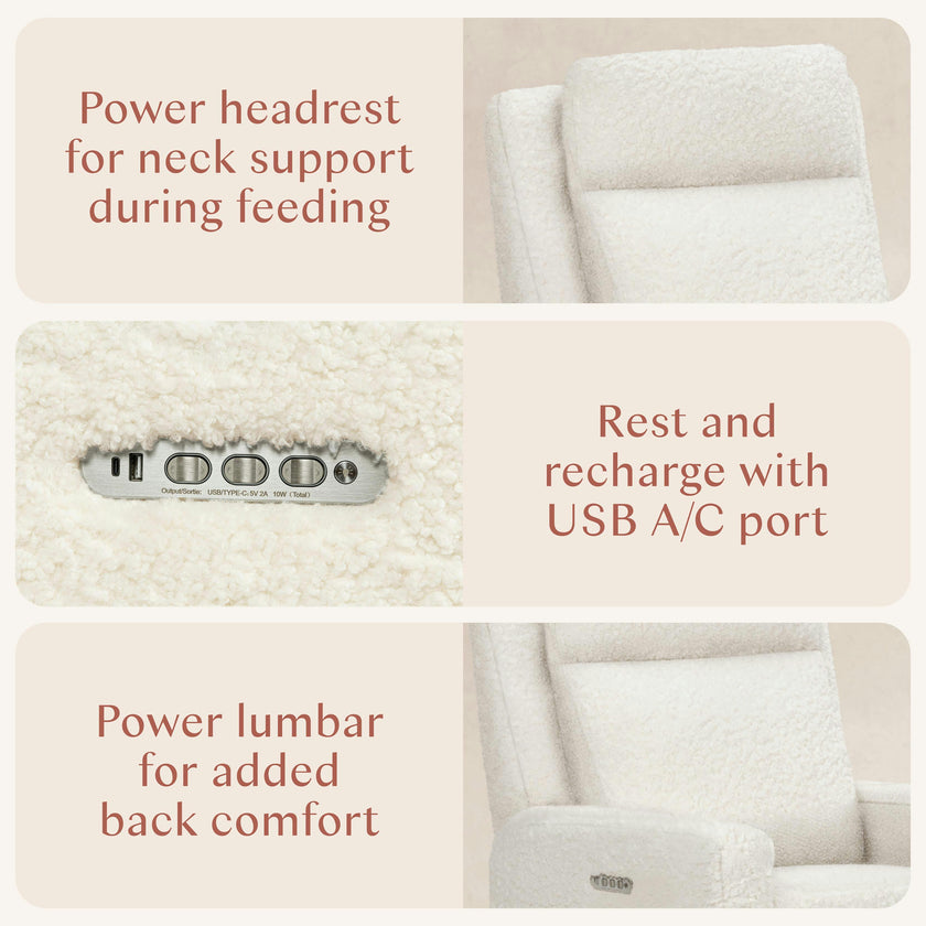 Sigi Pro Power Glider Recliner W/ Power Lumbar In Cream Shearling W/Light Wood Base