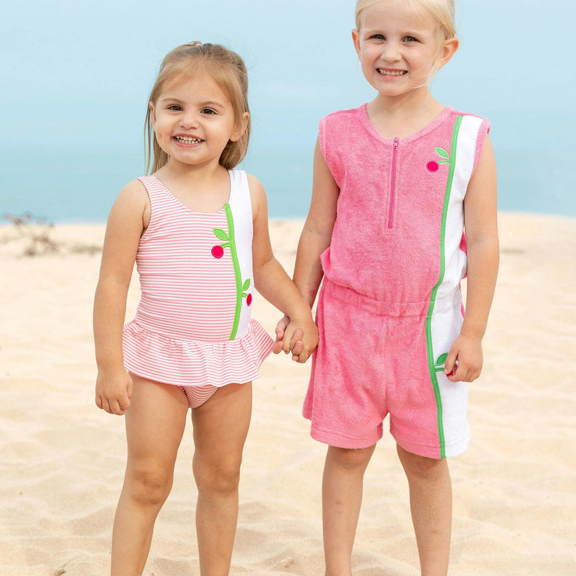 Seersucker Skirted Swimsuit With Cherries