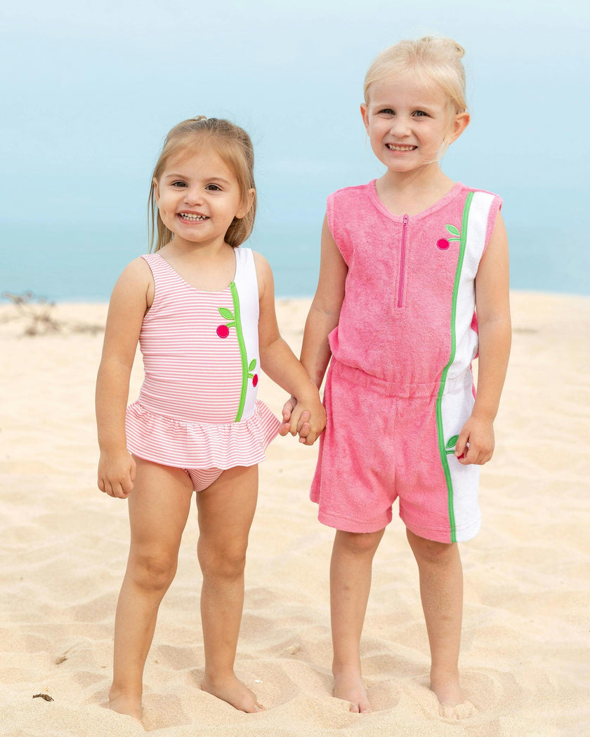 Seersucker Skirted Swimsuit With Cherries