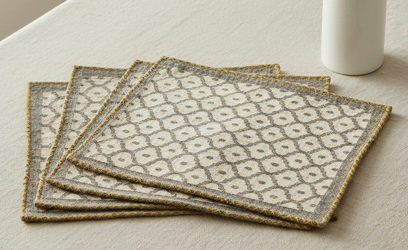 Artisan Hand Loomed Placemat - Gray Yellow Stitching - 14" x 19"- Set of 4