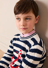 Anchor Motif Cable Knit Sailor Stripe Jumper in Navy (12mths- 10yrs)