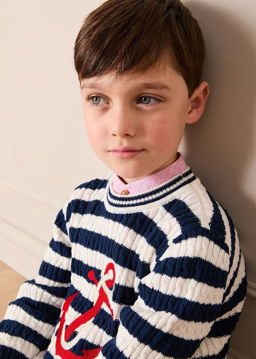 Anchor Motif Cable Knit Sailor Stripe Jumper in Navy (12mths- 10yrs)