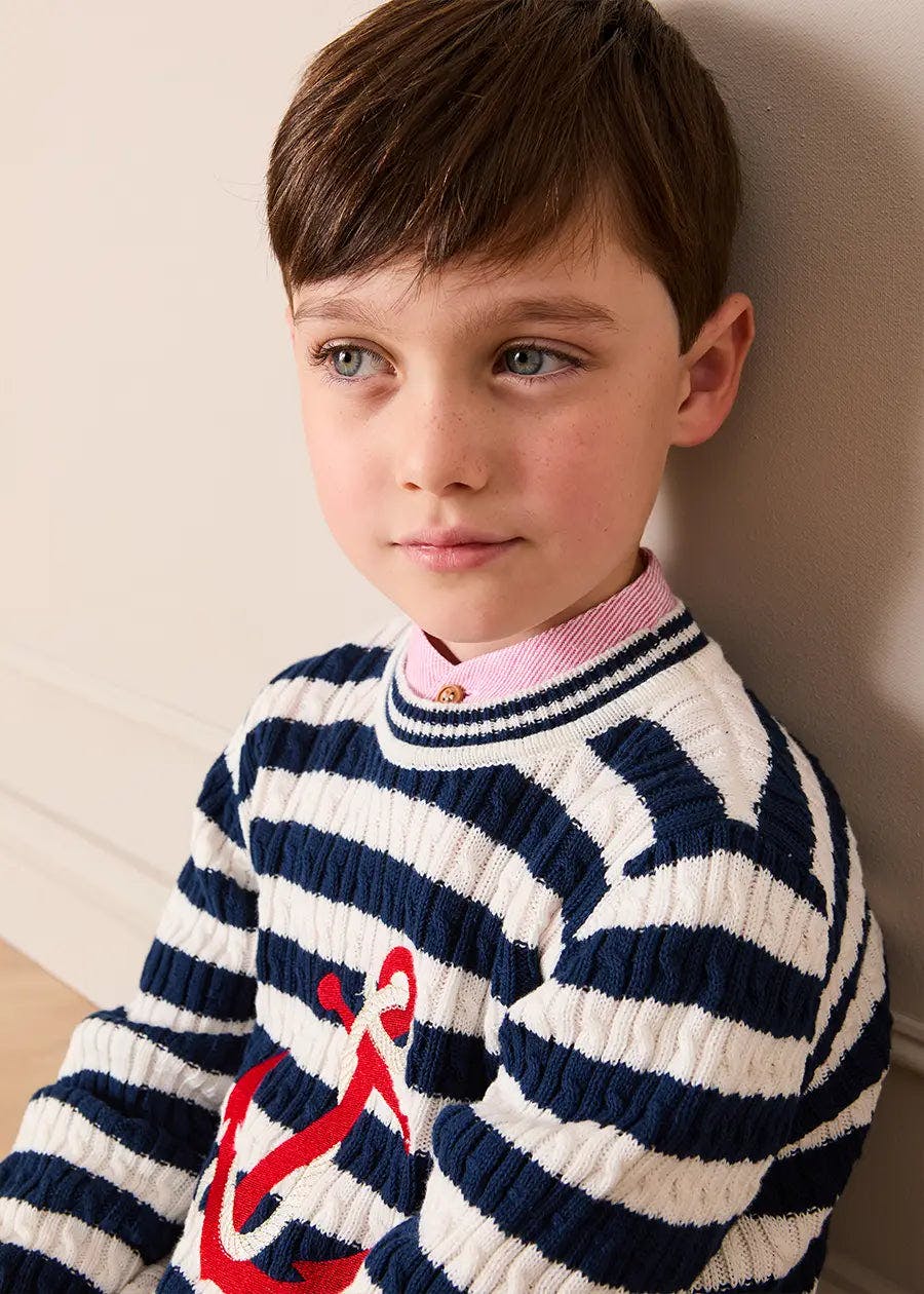 Anchor Motif Cable Knit Sailor Stripe Jumper in Navy (12mths- 10yrs)