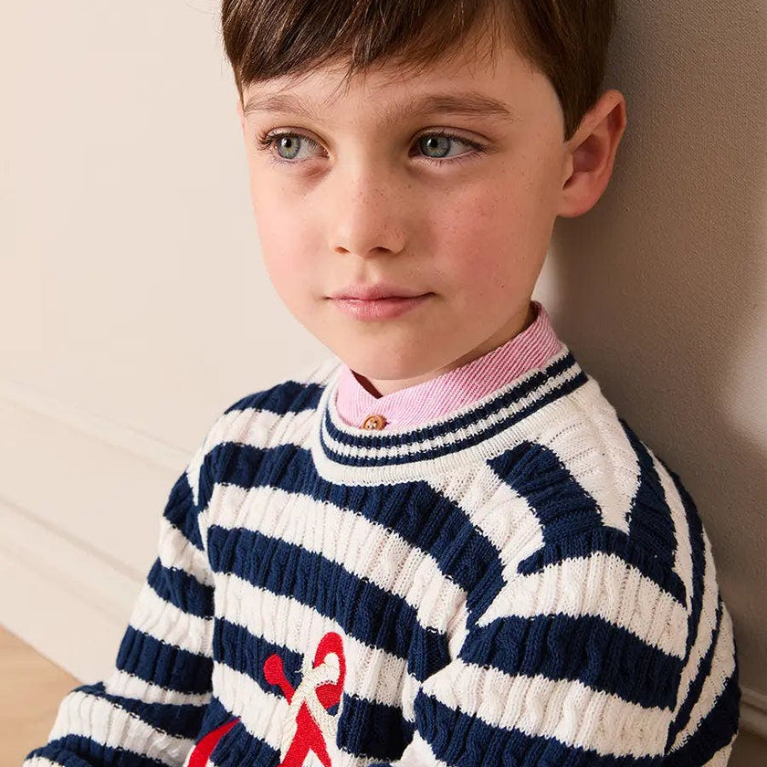 Anchor Motif Cable Knit Sailor Stripe Jumper in Navy (12mths- 10yrs)