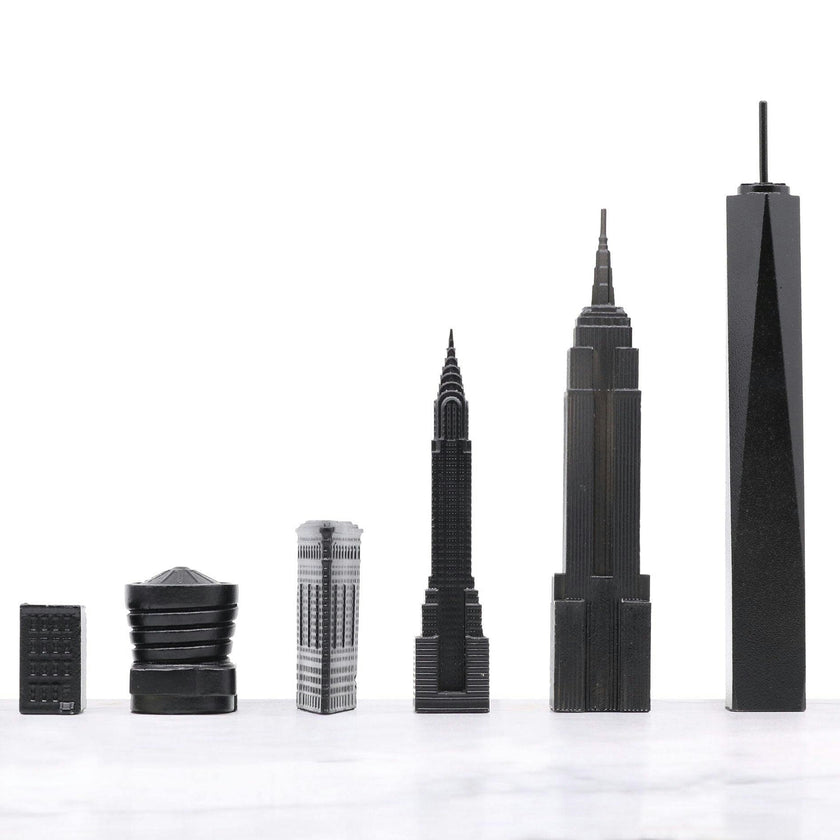 Chess Set Stainless Steel NEW YORK with Wood Map Board